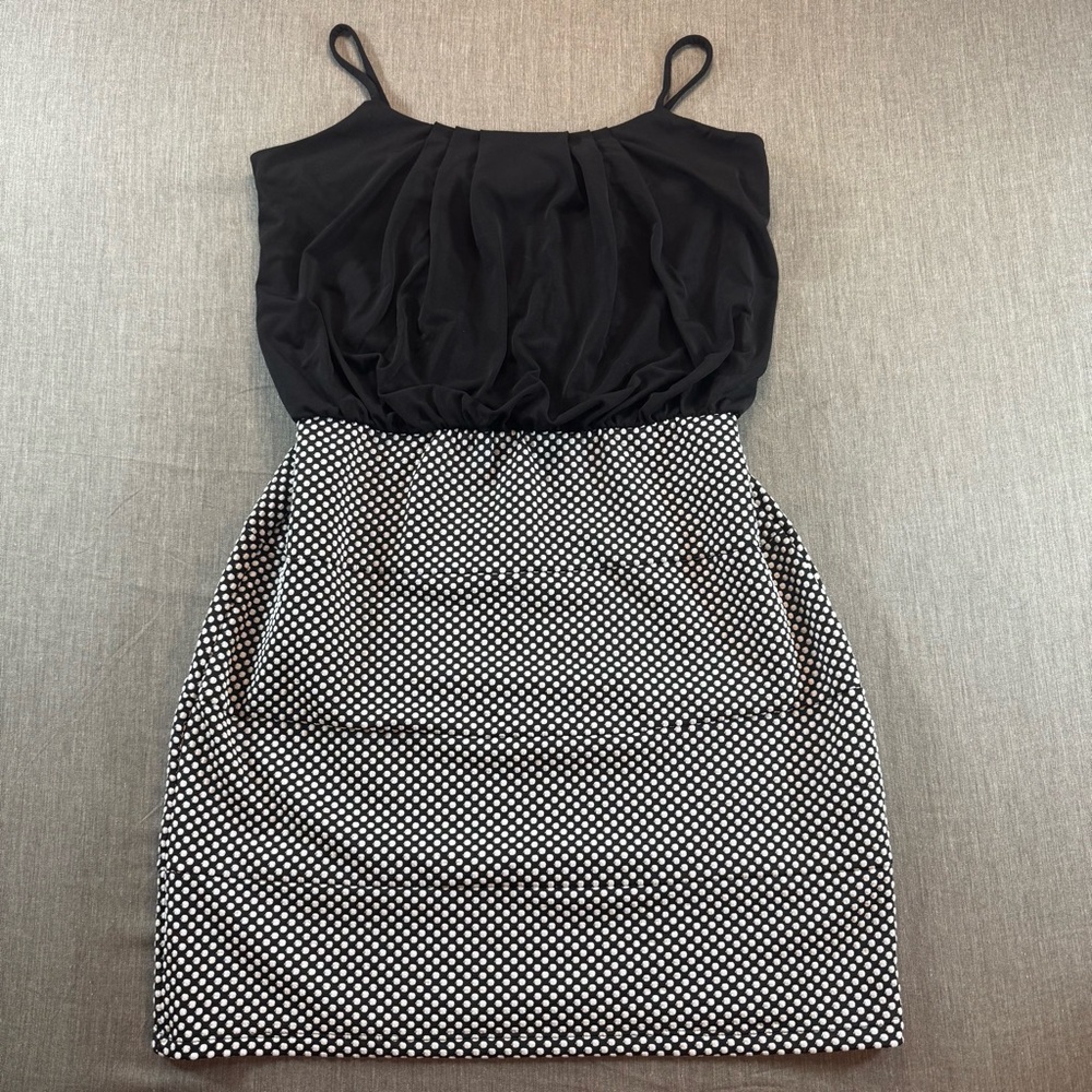 Sweet Storm Dress Women Sz L White Black Spaghetti Strap Ruched Bodice Polka Dot